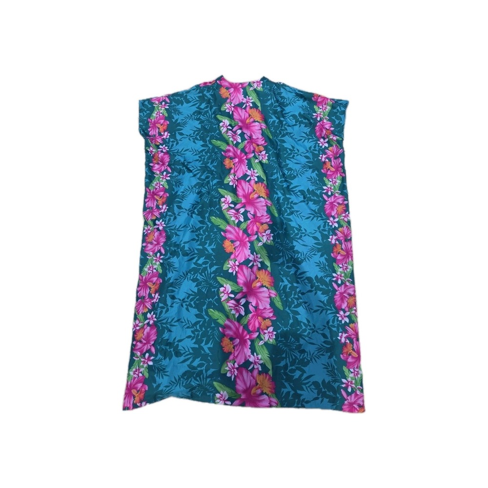 Vintage 80s Royal Creations Hawaiian Teal Orchid Floral Muumuu Dress Tiki O/S - Picture 4 of 5